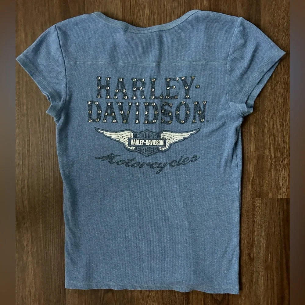 Y2K HARLEY-DAVIDSON Baby Tee Rhinestone Logo Henley Fitted 2000s Moto Indie Sz L - Picture 7 of 9